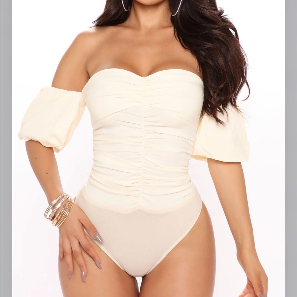 Fashion Nova Cream Off-Shoulder Bodysuit